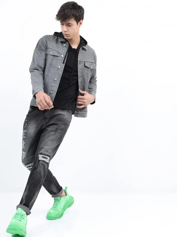 Ketch Men Grey Solid Denim Jacket