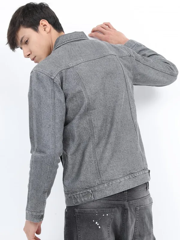 Ketch Men Grey Solid Denim Jacket