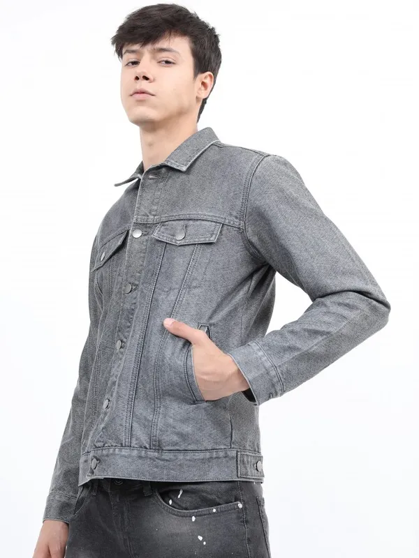 Ketch Men Grey Solid Denim Jacket