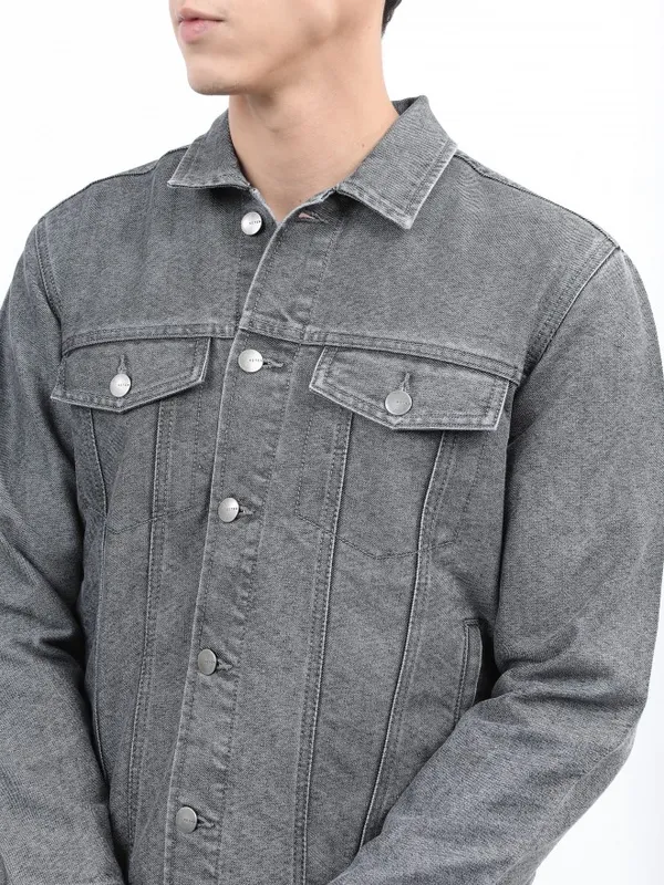 Ketch Men Grey Solid Denim Jacket