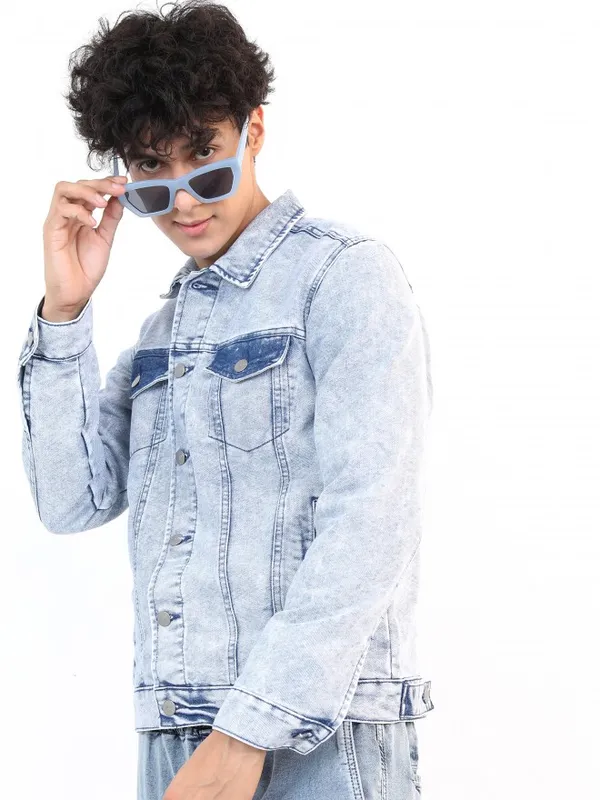  Ketch Men Blue Solid Denim Jacket Jackets