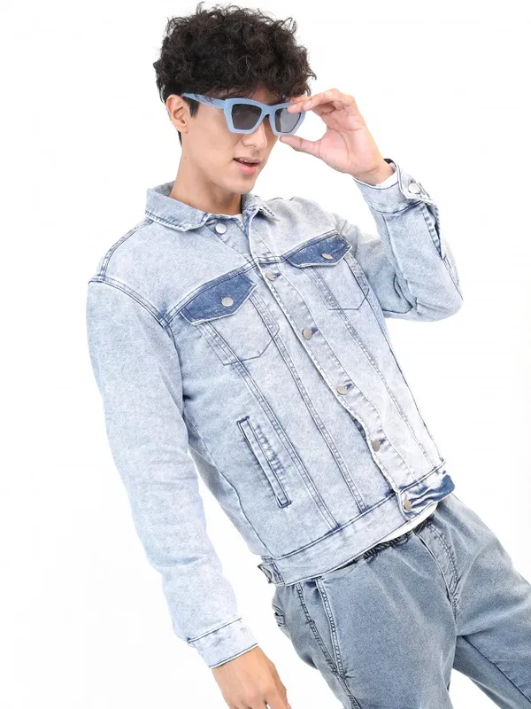 Ketch Men Blue Solid Denim Jacket Jackets