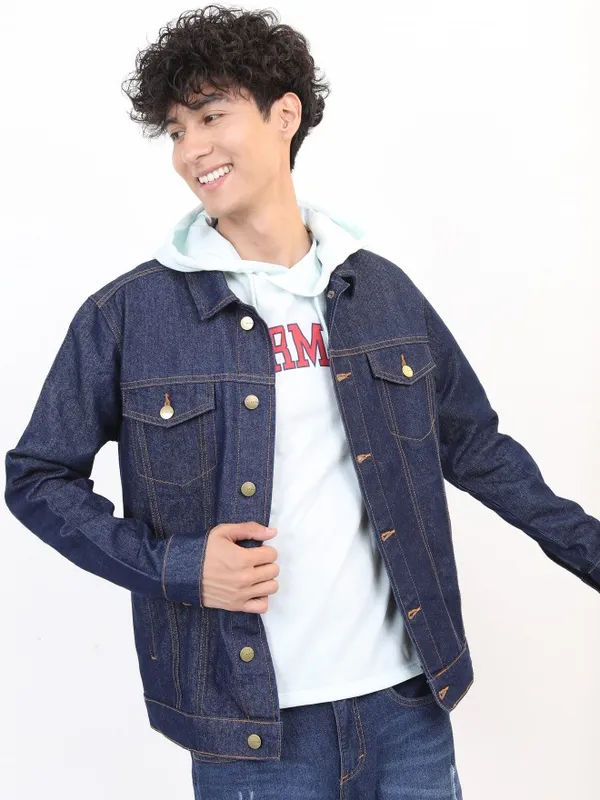 Ketch Men Navy Blue Solid Denim Jacket