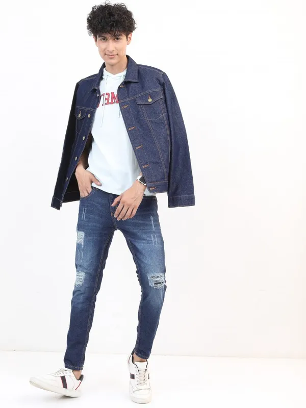 Ketch Men Navy Blue Solid Denim Jacket