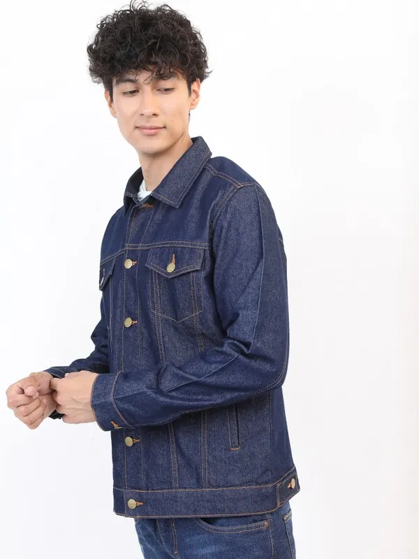 Ketch Men Navy Blue Solid Denim Jacket