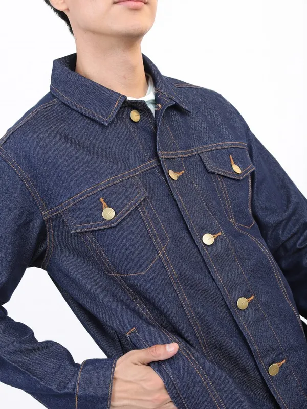 Ketch Men Navy Blue Solid Denim Jacket