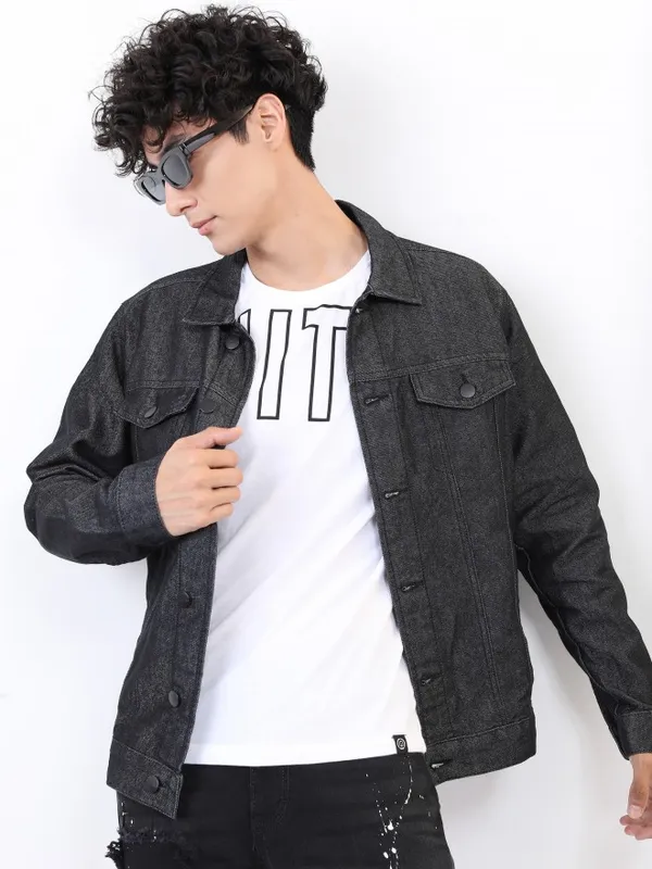  Ketch Men Black Solid Denim Jacket Jackets