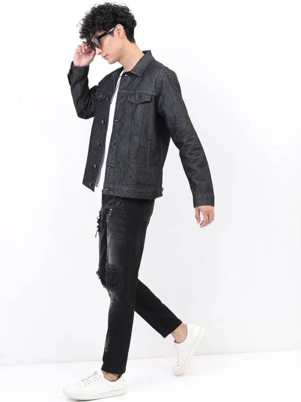  Ketch Men Black Solid Denim Jacket Jackets