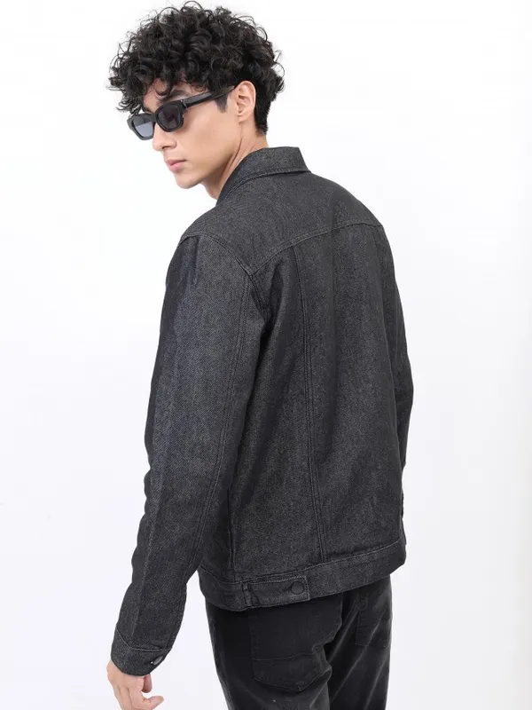  Ketch Men Black Solid Denim Jacket Jackets