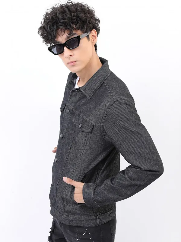  Ketch Men Black Solid Denim Jacket Jackets