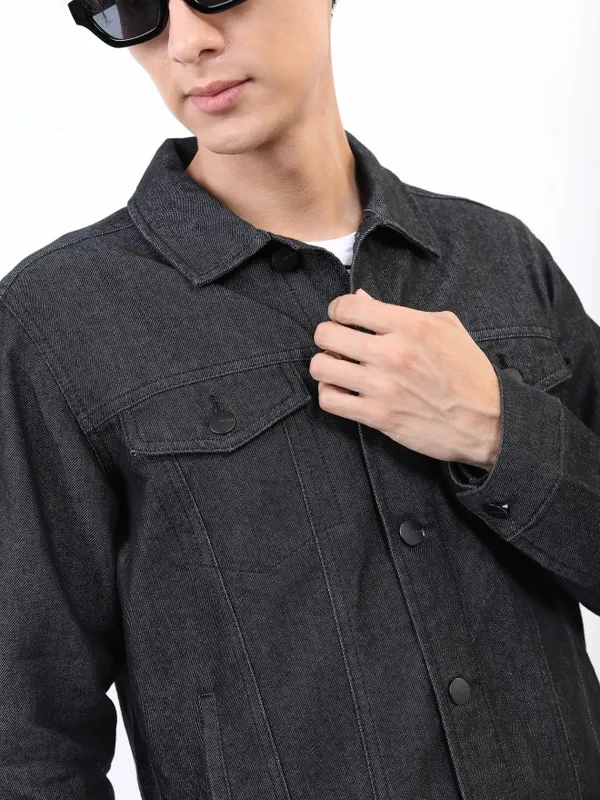  Ketch Men Black Solid Denim Jacket Jackets