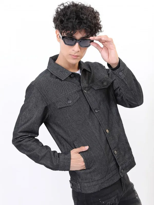  Ketch Men Black Solid Denim Jacket Jackets