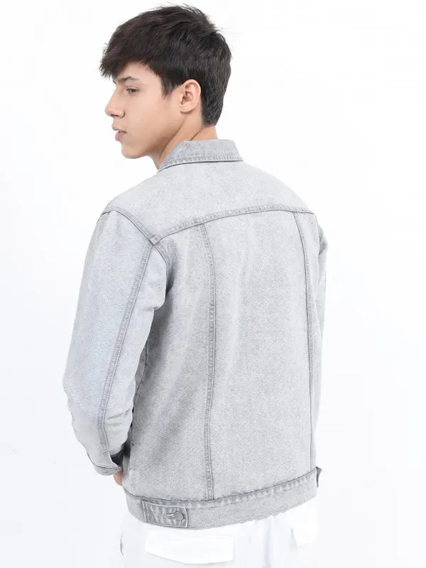 Ketch Men Grey Solid Denim Jacket