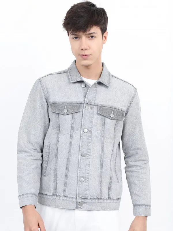 Ketch Men Grey Solid Denim Jacket