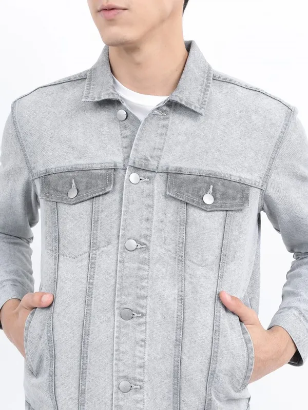 Ketch Men Grey Solid Denim Jacket