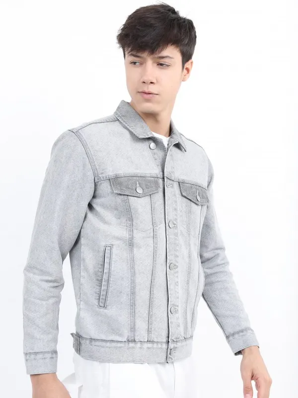 Ketch Men Grey Solid Denim Jacket