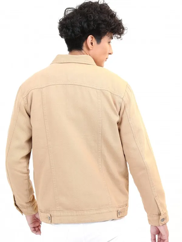  Ketch Men Beige Solid Denim Jacket Jackets