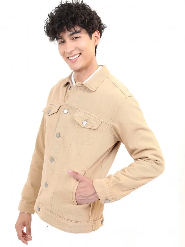  Ketch Men Beige Solid Denim Jacket Jackets