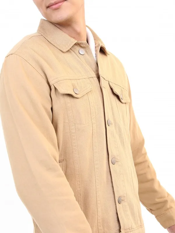  Ketch Men Beige Solid Denim Jacket Jackets