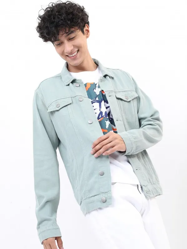Ketch Men Green Solid Denim Jacket