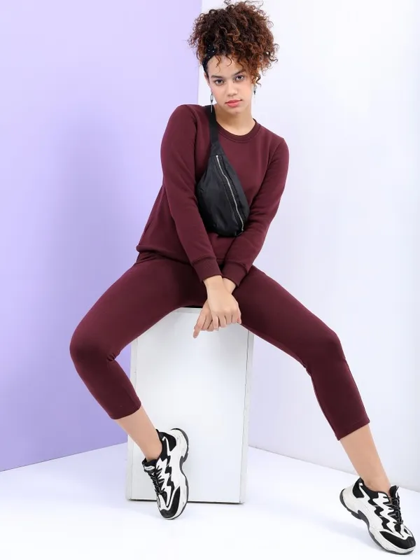  Tokyo Talkies Women Burgundy Solid Pullover Round Neck Sweatshirts