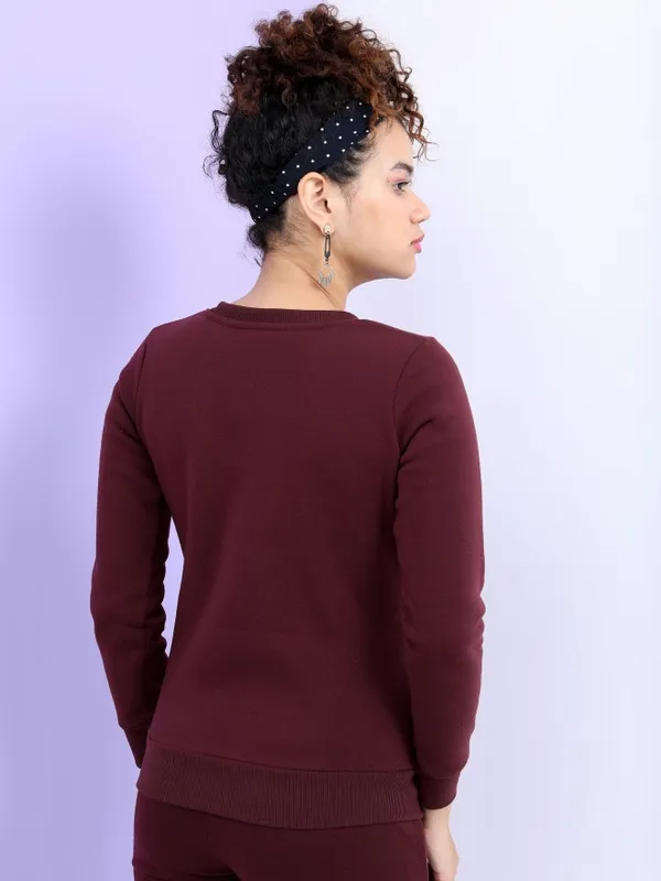  Tokyo Talkies Women Burgundy Solid Pullover Round Neck Sweatshirts