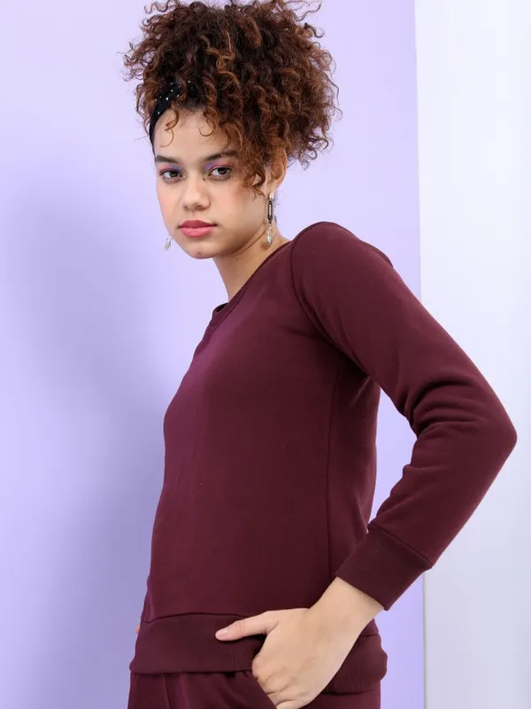  Tokyo Talkies Women Burgundy Solid Pullover Round Neck Sweatshirts