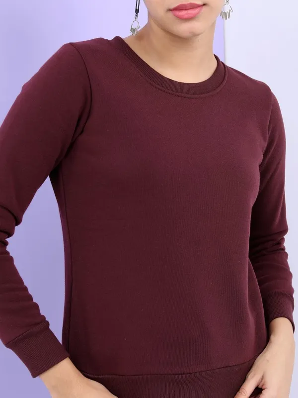  Tokyo Talkies Women Burgundy Solid Pullover Round Neck Sweatshirts