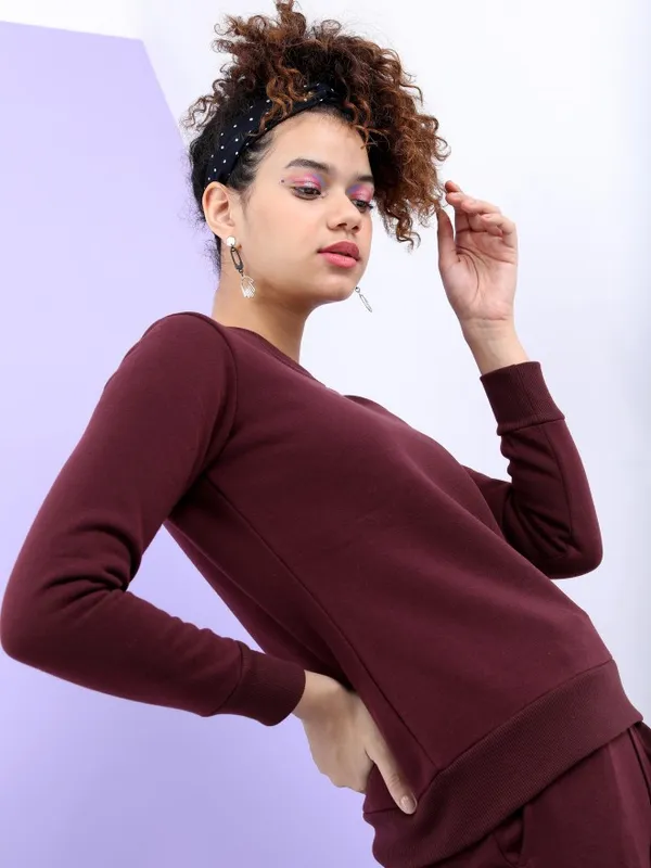  Tokyo Talkies Women Burgundy Solid Pullover Round Neck Sweatshirts