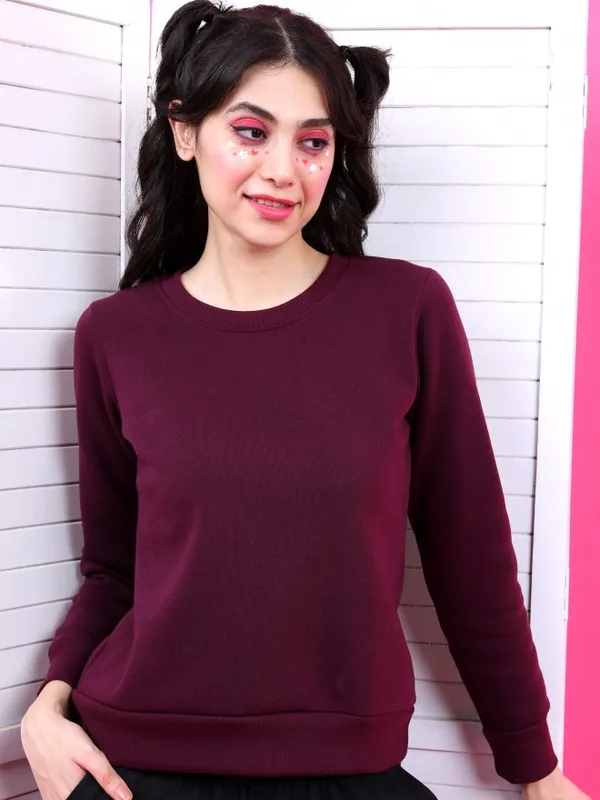  Tokyo Talkies Women Purple Solid Pullover Round Neck Sweatshirts