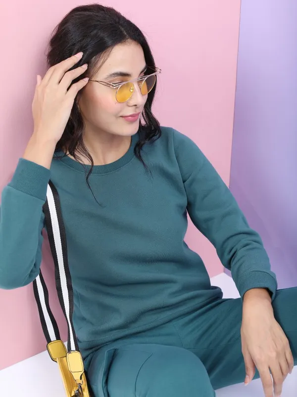  Tokyo Talkies Women Teal Solid Pullover Round Neck Sweatshirts