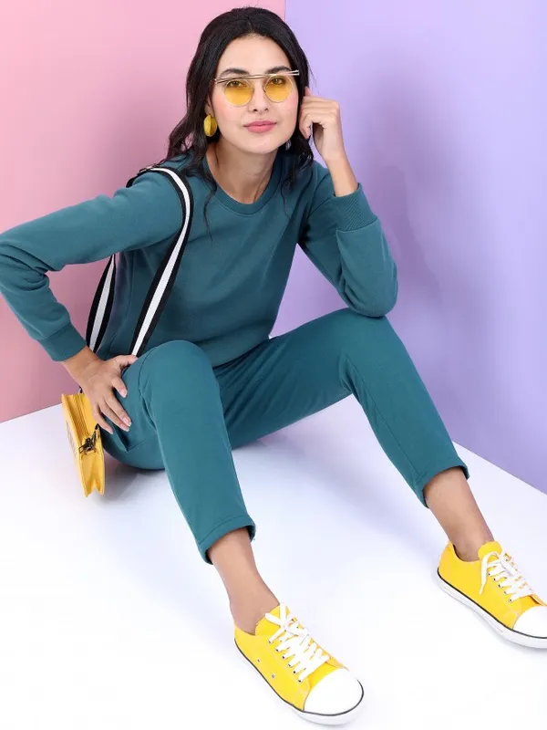  Tokyo Talkies Women Teal Solid Pullover Round Neck Sweatshirts