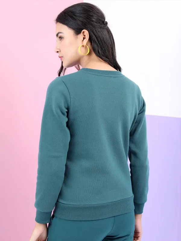  Tokyo Talkies Women Teal Solid Pullover Round Neck Sweatshirts