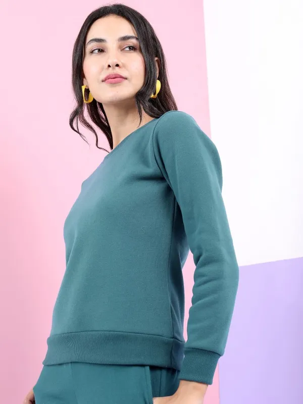  Tokyo Talkies Women Teal Solid Pullover Round Neck Sweatshirts