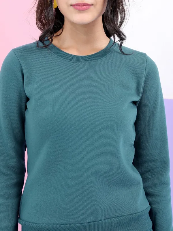  Tokyo Talkies Women Teal Solid Pullover Round Neck Sweatshirts