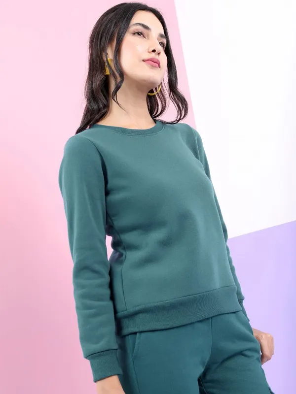  Tokyo Talkies Women Teal Solid Pullover Round Neck Sweatshirts
