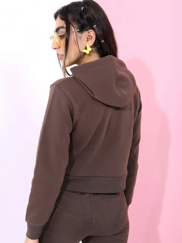  Tokyo Talkies Women Brown Solid Pullover Hood Sweatshirts