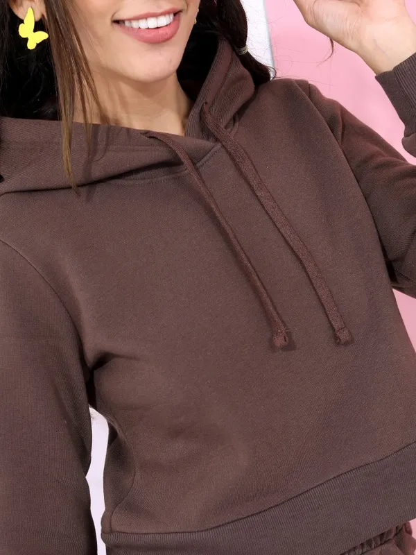  Tokyo Talkies Women Brown Solid Pullover Hood Sweatshirts