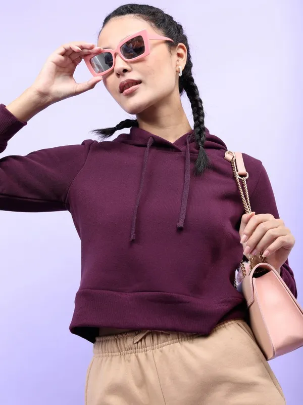  Tokyo Talkies Women Purple Solid Pullover Hood Sweatshirts