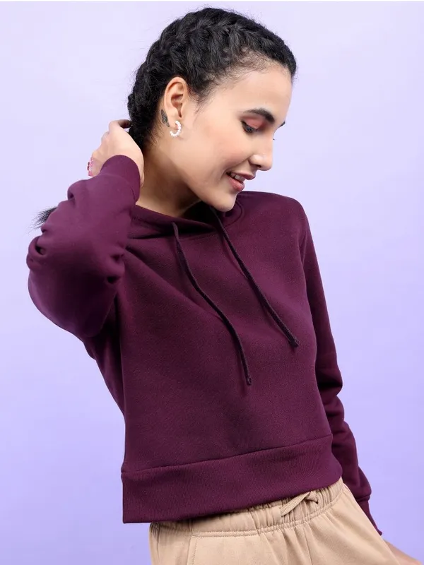  Tokyo Talkies Women Purple Solid Pullover Hood Sweatshirts