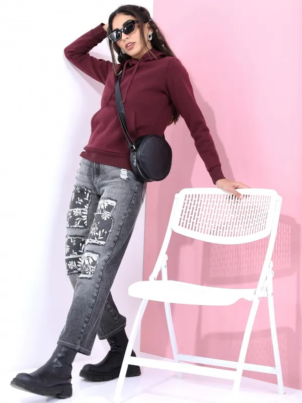  Tokyo Talkies Women Burgundy Solid Pullover Hood Sweatshirts