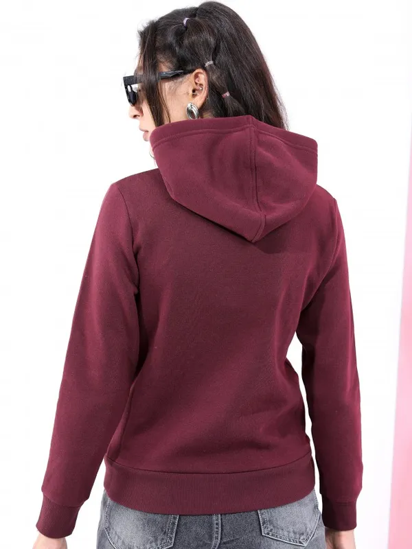  Tokyo Talkies Women Burgundy Solid Pullover Hood Sweatshirts