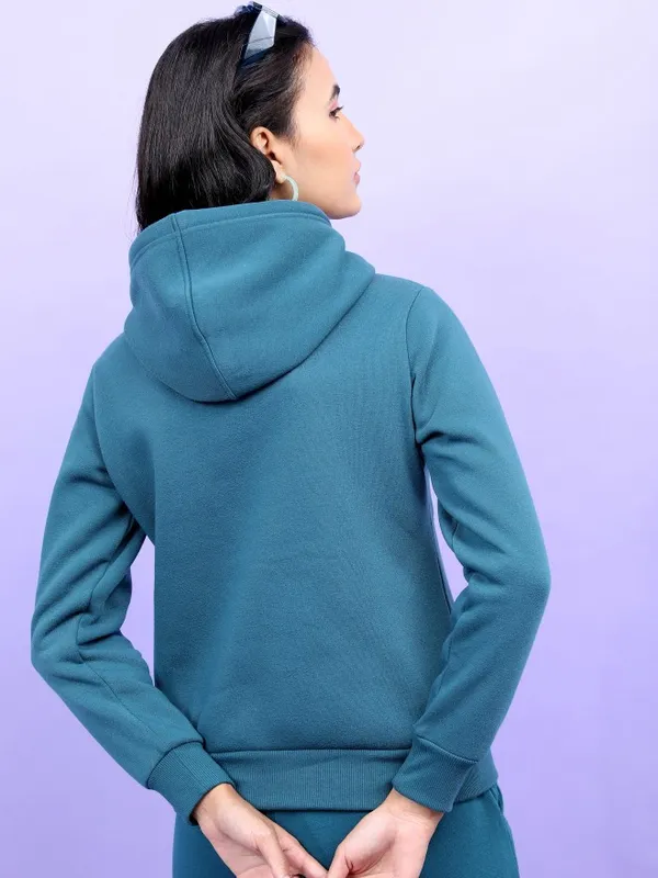  Tokyo Talkies Women Teal Solid Pullover Hood Sweatshirts