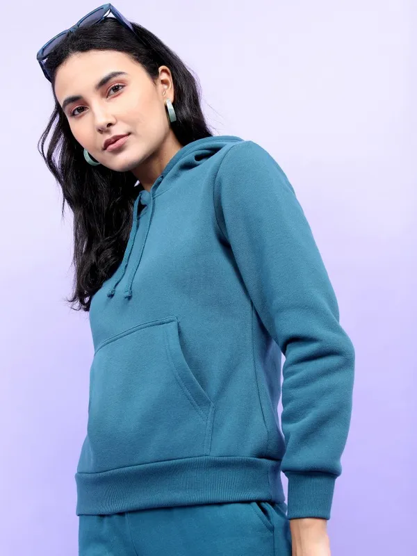  Tokyo Talkies Women Teal Solid Pullover Hood Sweatshirts