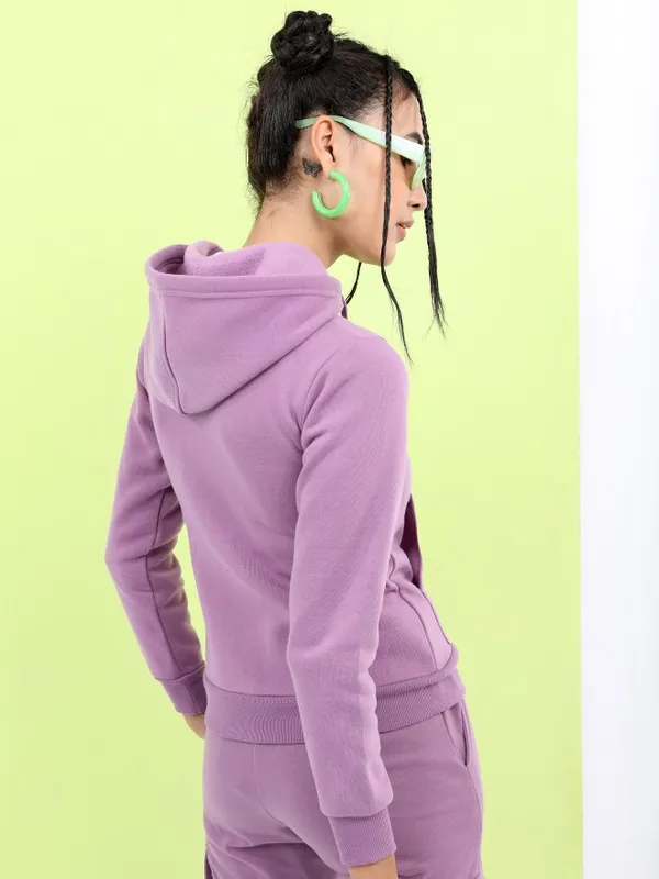  Tokyo Talkies Women Mauve Solid Front-Open Hood Sweatshirts