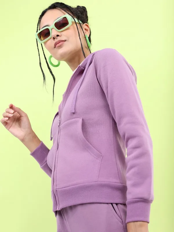  Tokyo Talkies Women Mauve Solid Front-Open Hood Sweatshirts