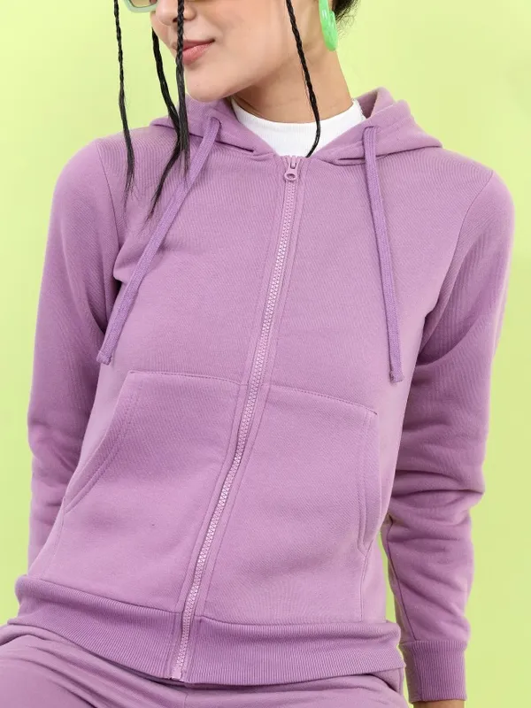  Tokyo Talkies Women Mauve Solid Front-Open Hood Sweatshirts