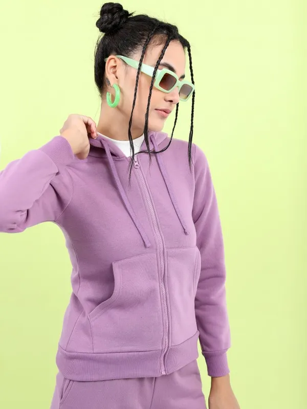  Tokyo Talkies Women Mauve Solid Front-Open Hood Sweatshirts