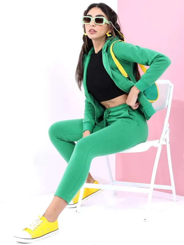  Tokyo Talkies Women Green Solid Front-Open Hood Sweatshirts