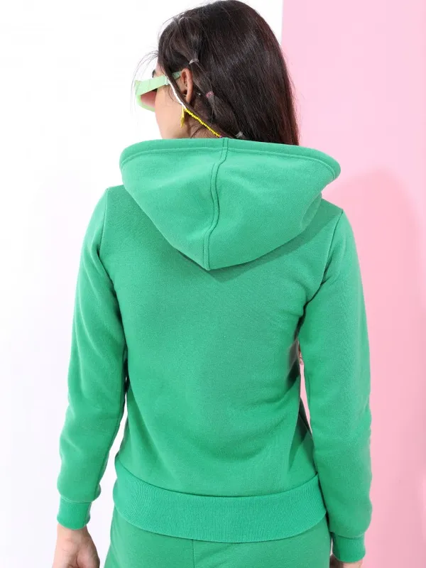  Tokyo Talkies Women Green Solid Front-Open Hood Sweatshirts